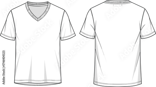 V neck T shirt flat sketch, short sleeve technical drawing, contrast rib collar design, casual wear template, apparel CAD illustration, garment fashion
