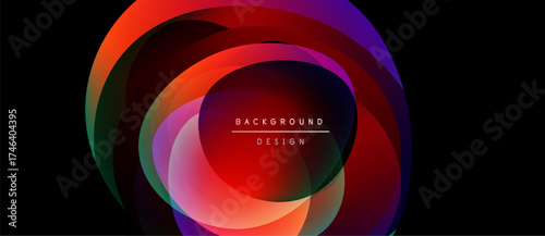 Abstract colorful layers create dynamic circular design. Gradient shades blend, forming vibrant visual impact against black backdrop.