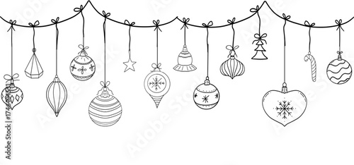 Christmas garland hanging balls, stars snowflakes sketch elements decorating for the Christmas and New Year. Design element, winter border, header 