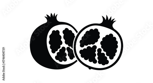Silhouette of a whole pomegranate and a halved pomegranate revealing arils for healthy eating and nutrition silhouette