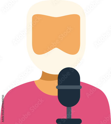 Elderly man recording podcast or giving interview, using microphone
