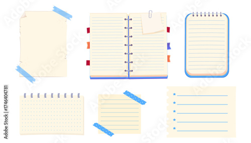 Notes sheet, pages. bulletin paper, lined list set, notebook office or school blank notebook for homework and exercises. Sticky stickers reminders, notebook clippings, stationery, planner, 