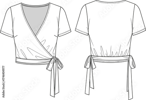 Women wrap top flat sketch, short sleeve technical drawing, deep V neck blouse, side tie design, apparel CAD template, garment illustration, fashion design