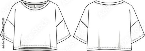 Wallpaper Mural Women’s cropped top flat sketch, short sleeve blouse fashion technical drawing, round neck darted apparel design, front and back clothing illustration Torontodigital.ca