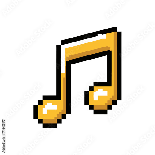 Pixel Art Golden Musical Note Icon.