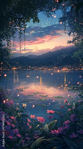 A beautiful landscape with a lake and a forest. The sky is a mix of blue and pink, and the water is calm. The flowers are pink and the trees are green
