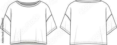 Women’s cropped T‑shirt flat sketch, short sleeve fashion technical drawing, round neck dart detail apparel design, front and back clothing illustration