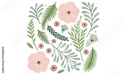 Floral Leaf Clipart | Botanical Vector Illustration | Pastel Flower and Greenery Design Set