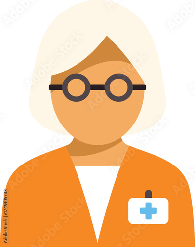 Portrait of an elderly female doctor wearing round glasses, an orange uniform, and a badge with a medical cross