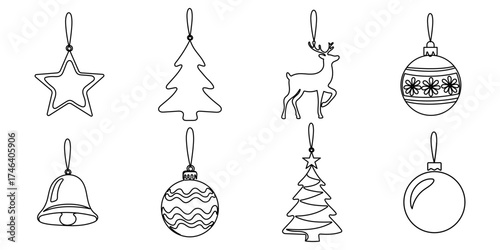 Christmas tree toy decorations doodle sketch line icons set. Editable stroke. Hand drawn vector illustration isolated on white background