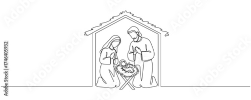 Continuous one line Christmas vector Christian nativity scene of baby Jesus with Mary and Joseph. Bethlehem scene. Editable stroke
