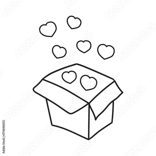 Gift Box of Hope: Outline icon. Vector design of an open gift box with hearts. Illustration for donation and giving.