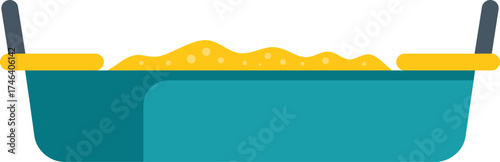 Children sandbox toy with yellow sand and tools for playing isolated on white background