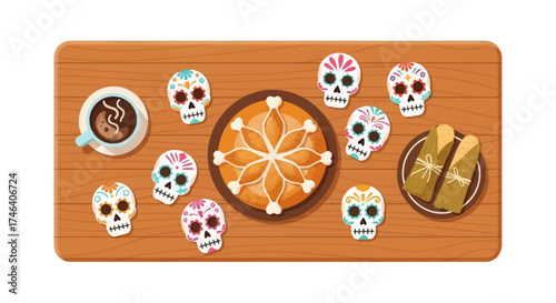 This flat design illustration captures a delightful spread of traditional Day of the Dead foods, including pan de muerto, sugar skulls, and tamales. 