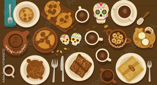 This flat design illustration captures a delightful spread of traditional Day of the Dead foods, including pan de muerto, sugar skulls, and tamales. 