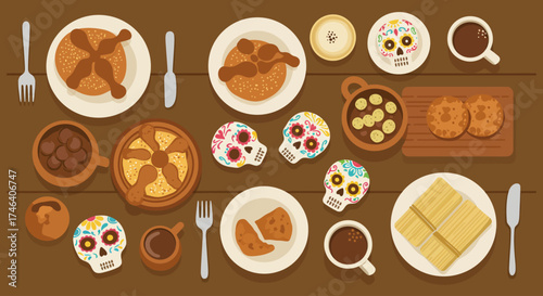 This flat design illustration captures a delightful spread of traditional Day of the Dead foods, including pan de muerto, sugar skulls, and tamales. 