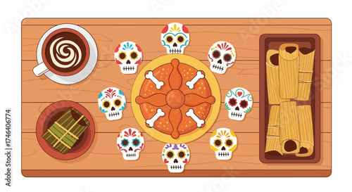 This flat design illustration captures a delightful spread of traditional Day of the Dead foods, including pan de muerto, sugar skulls, and tamales. 