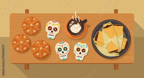 This flat design illustration captures a delightful spread of traditional Day of the Dead foods, including pan de muerto, sugar skulls, and tamales. 