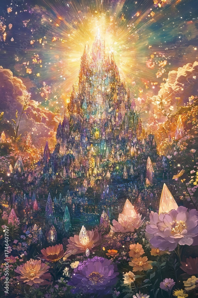 Fototapeta premium A colorful, fantastical scene with a large, multi-colored tower in the center