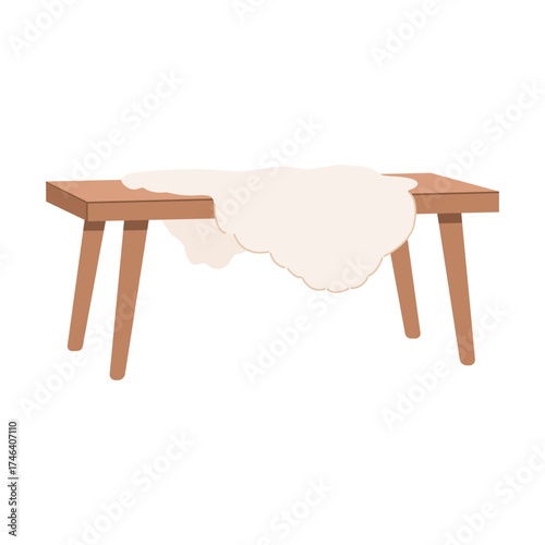 Cozy Wooden Bench with Sheepskin Rug for Scandinavian Interior Decor
