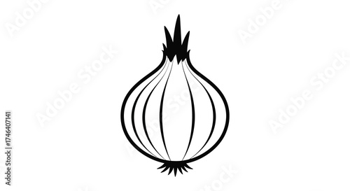 Hand drawn sketch of a whole onion with root fibers and green sprouts isolated on a white canvas silhouette