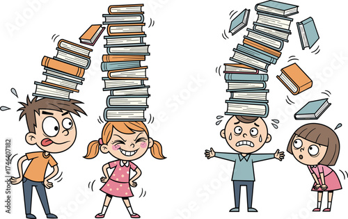 Children balancing books on heads, cartoon kids with emotions, studying stress and confidence, education challenge, teamwork, learning concept, childhood school illustration