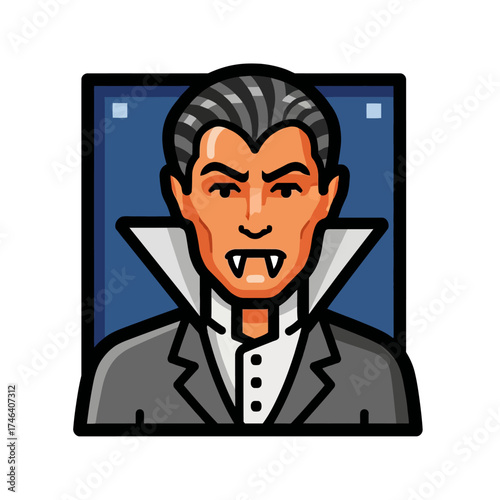 Stylized illustration of a classic vampire character with fangs.