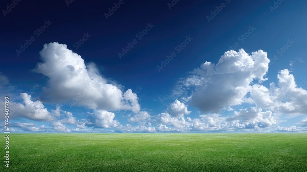 Fototapeta premium Serene Landscape with Lush Green Grass and Bright Blue Sky Featuring Fluffy White Clouds