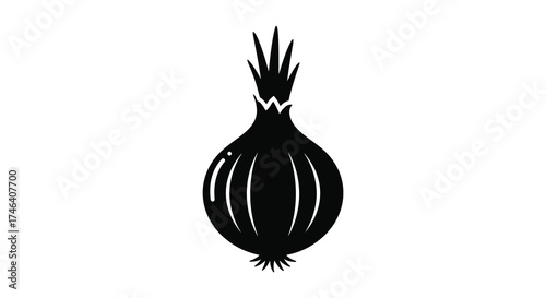 Silhouette icon of a fresh onion with root fibers and top sprouts isolated on a clean surface silhouette