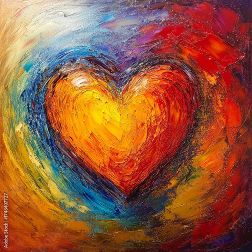 Painting of a heart with a rainbow background. The painting is abstract and colorful, with the heart being the main focus
