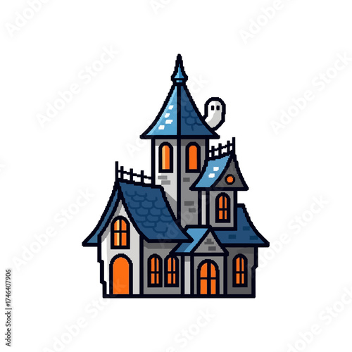 Spooky Haunted House with Ghost Illustration for Halloween.