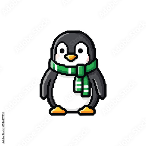 Cute Pixel Art Penguin Wearing a Green Scarf.