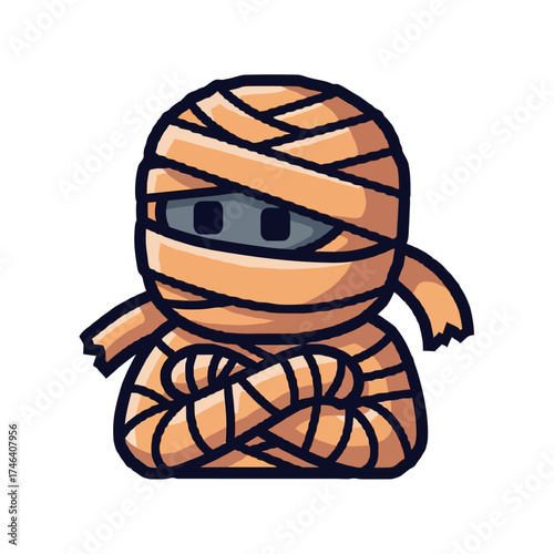 Cute Cartoon Mummy Character with Bandages and Dark Eyes.