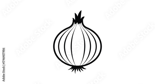 Stylized outline drawing of a fresh onion bulb with root fibers detailed sketch food ingredient graphic silhouette