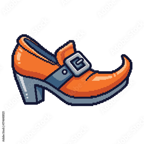 Orange witch shoe with a silver buckle and a pointed toe design.