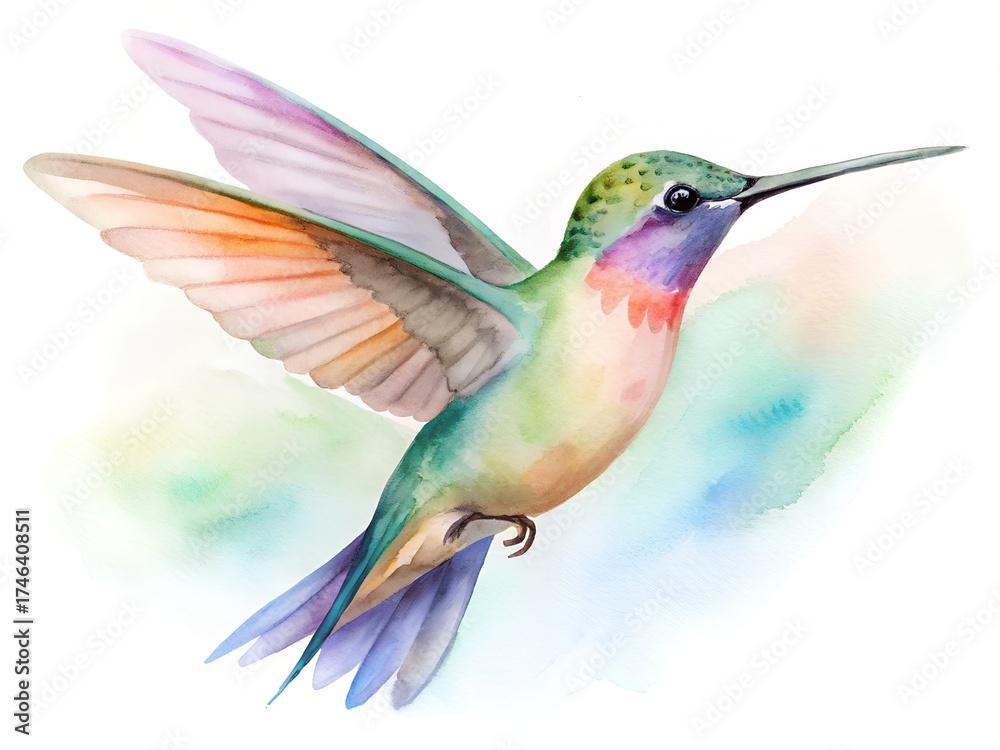 Fototapeta premium Watercolor painting of a hummingbird in flight, isolated on white background