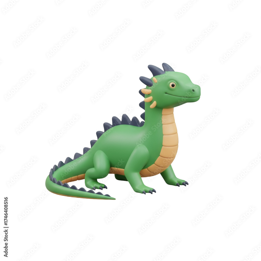 Fototapeta premium Cute green dragon with dark blue spikes isolated on transparent background