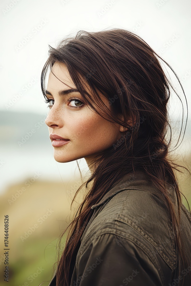 Fototapeta premium Young woman with freckles looking thoughtfully into distance, enjoying outdoors and peaceful landscape, relaxed wellness travel.