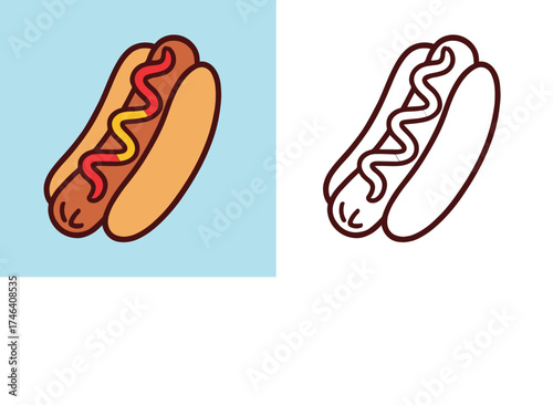 Hot dog – color and outline vector illustration
