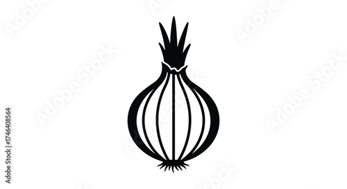 Stylized silhouette of an onion bulb with root tendrils and leafy top elegant kitchen ingredient graphic silhouette