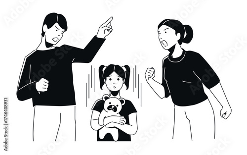 Family Conflict - Black and White Flat Design Illustration
