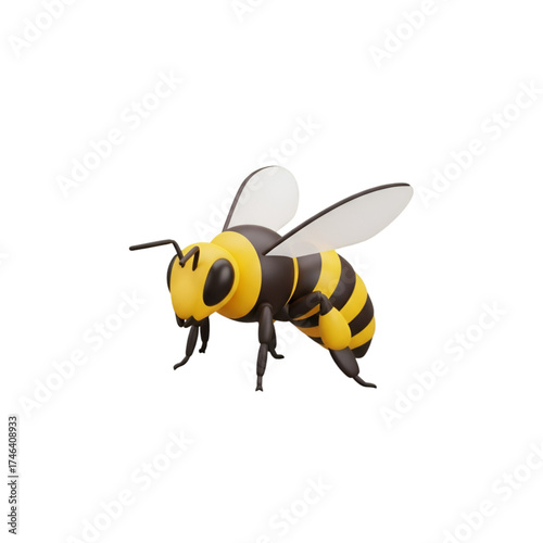Cartoon bee flying isolated on transparent background with black stripes and yellow body