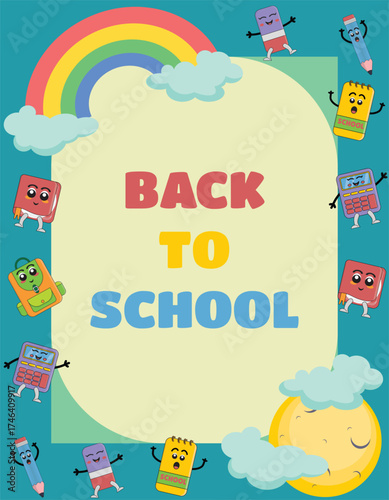 Blue frame cute background with colorful images of cartoon notebooks, pencils, calculators, erasers and backpacks as a background for back to school themed posters and advertisements.