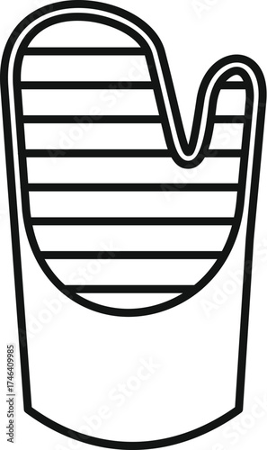 Kitchen safety essential, striped oven mitt protecting hands while cooking, simple black and white icon