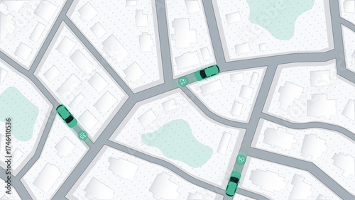 Smart city traffic monitoring. Autonomous Vehicle Navigation Map. Self Driving Car GPS Tracking System. Top down view of city street map vector illustration.