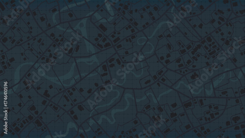 City street map with river and buildings. Abstract vector map of city with streets, river, blocks and grid overlay. Minimal urban planning background. Flat vector illustration