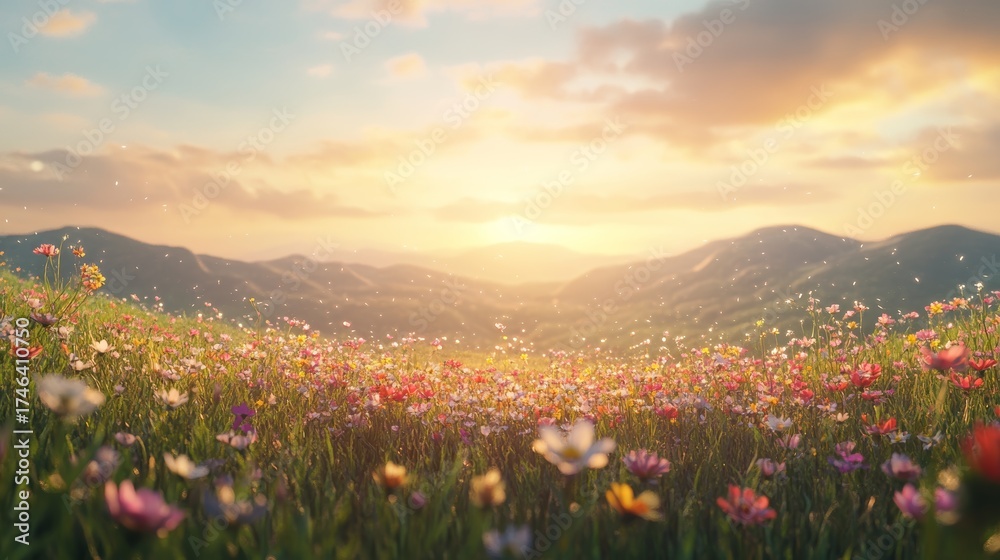 Fototapeta premium A breathtaking view of a vibrant meadow filled with colorful wildflowers, illuminated by the warm glow of a golden sunrise, enhancing the serene landscape.