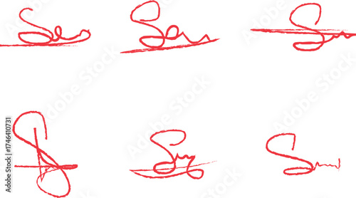Vector art of set of six red handwritten signature style elements