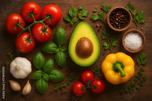 Fresh vegetables and herbs on wooden table flat lay
