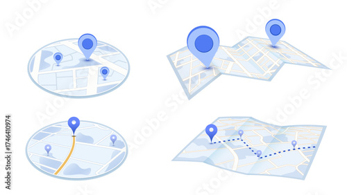 3D Map Navigation and Location Pin. Paper map navigation with location pins. Collection includes both circular and folded map design. Vector illustration isolated on a white background.